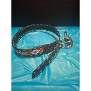 Nocona Brown Leather Belt W/ Beaded Aztec Design & Silver Buckle - Size S
